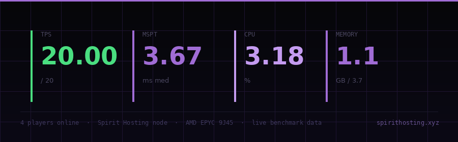 Minecraft server running at 20 TPS, 3.67ms MSPT on Spirit Hosting